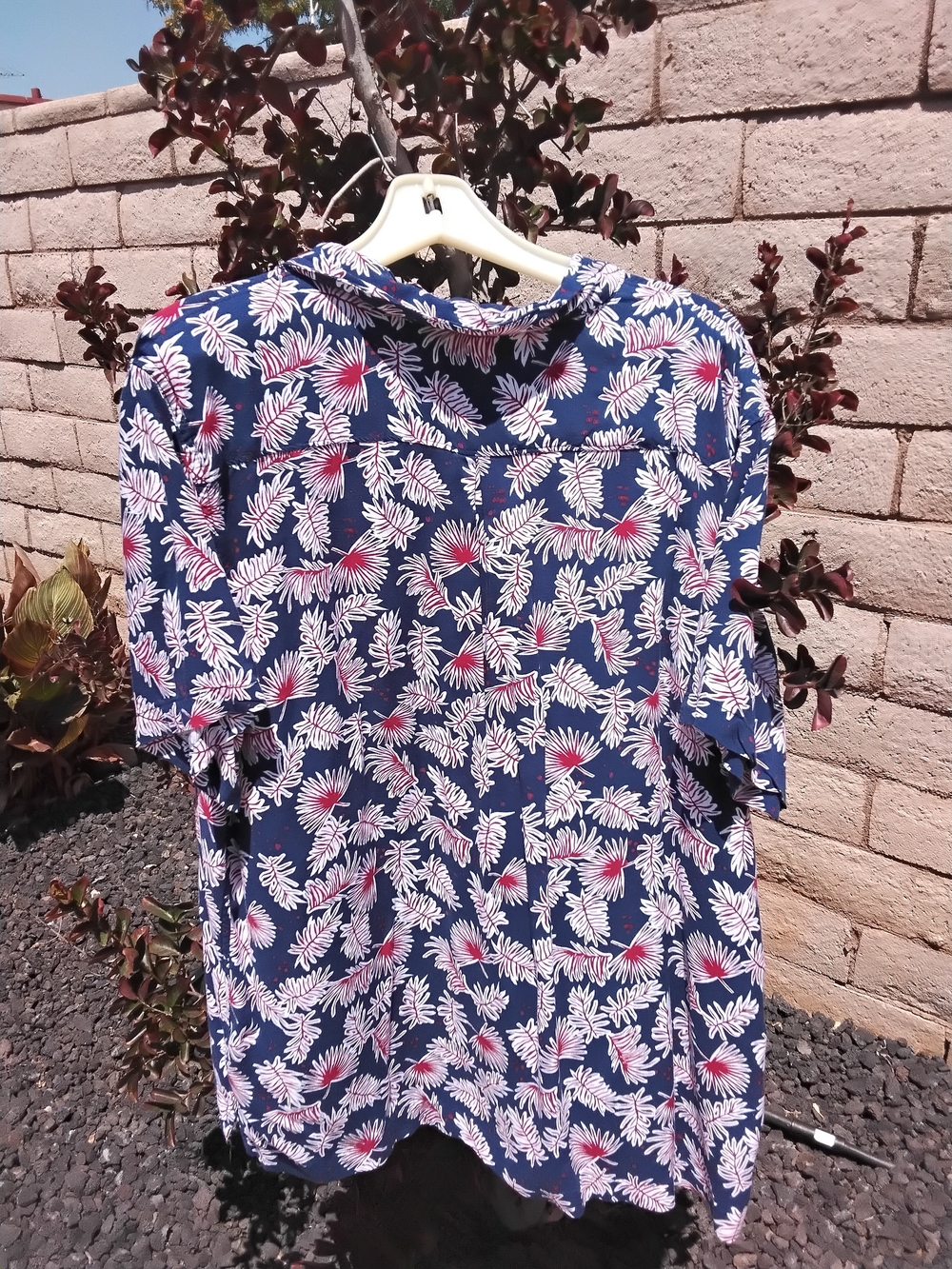 Sun + Stone Navy Button-Up Shirt with Pink & White Leaf Print